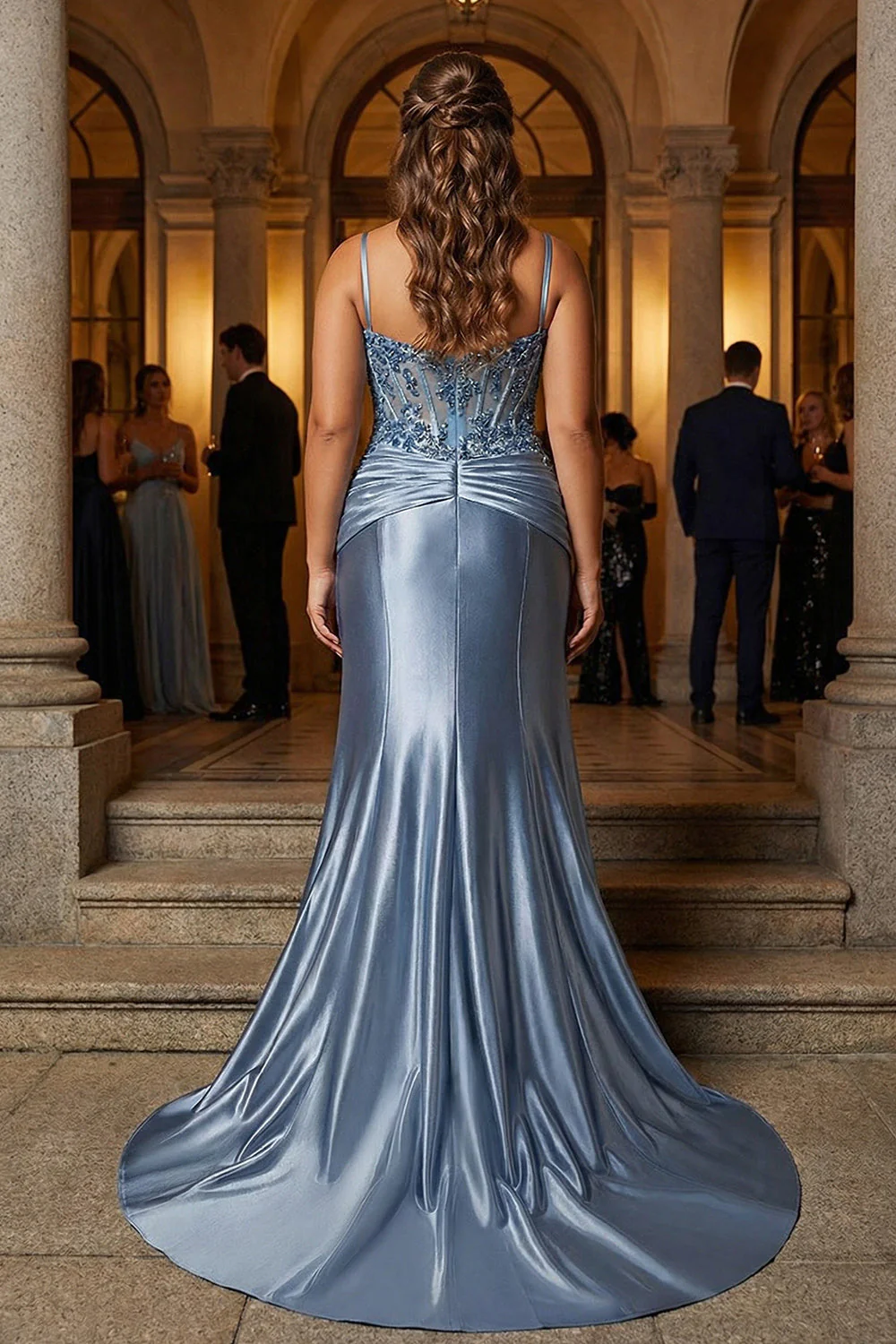 Grey Blue Mermaid Spaghetti Straps Corset Long Plus Size Prom Dress with Appliques - Image 2