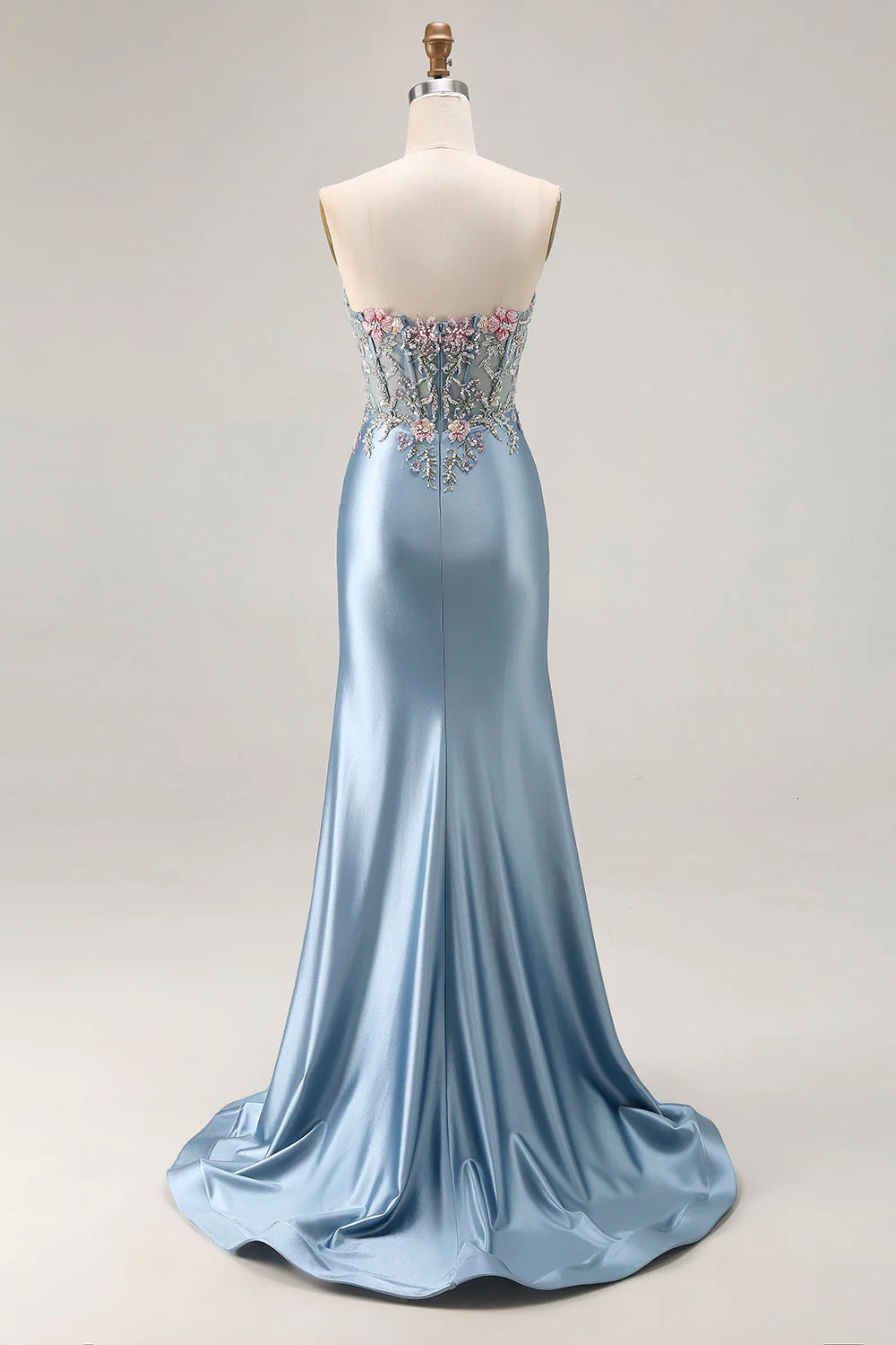 Grey Blue Mermaid Sweetheart Appliqued Corset Beaded Long Prom Dress With Slit - Image 2