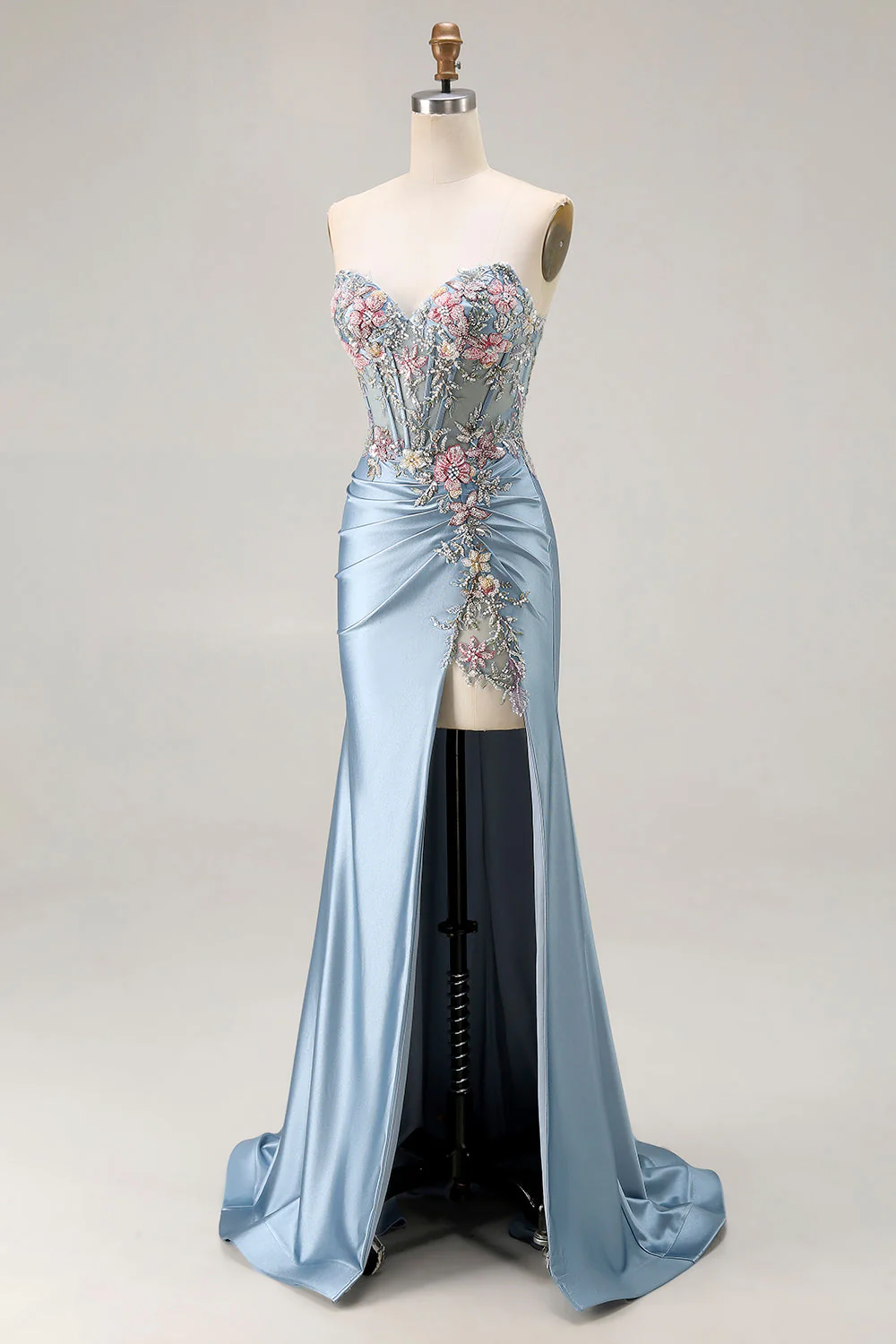 Grey Blue Mermaid Sweetheart Appliqued Corset Beaded Long Prom Dress With Slit - Image 5
