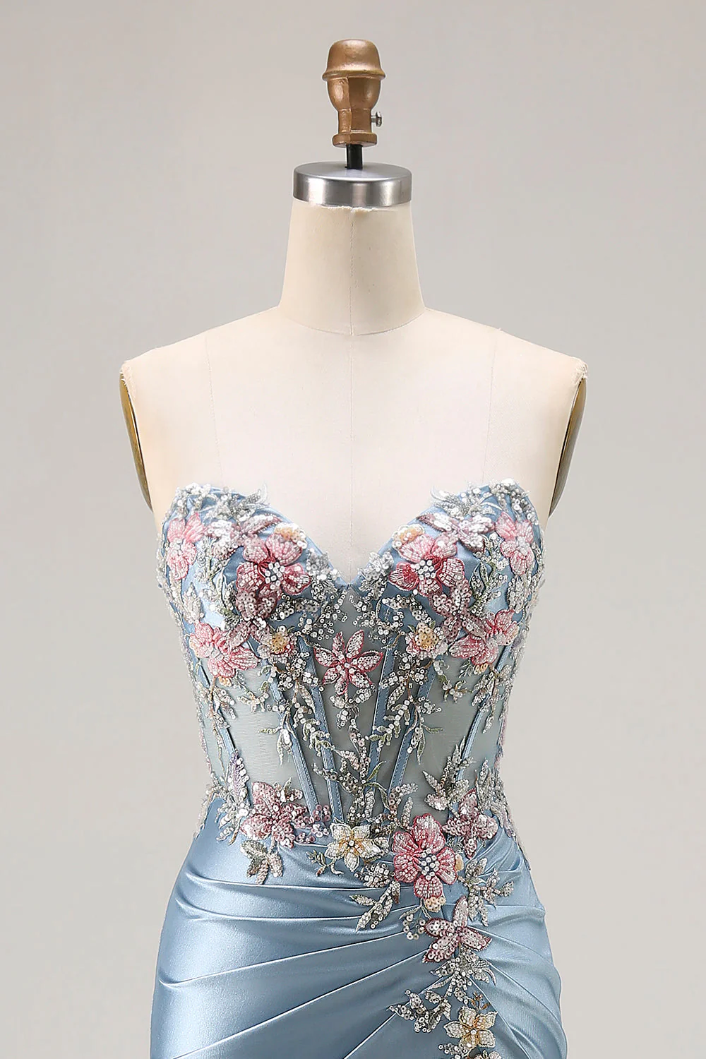 Grey Blue Mermaid Sweetheart Appliqued Corset Beaded Long Prom Dress With Slit - Image 6