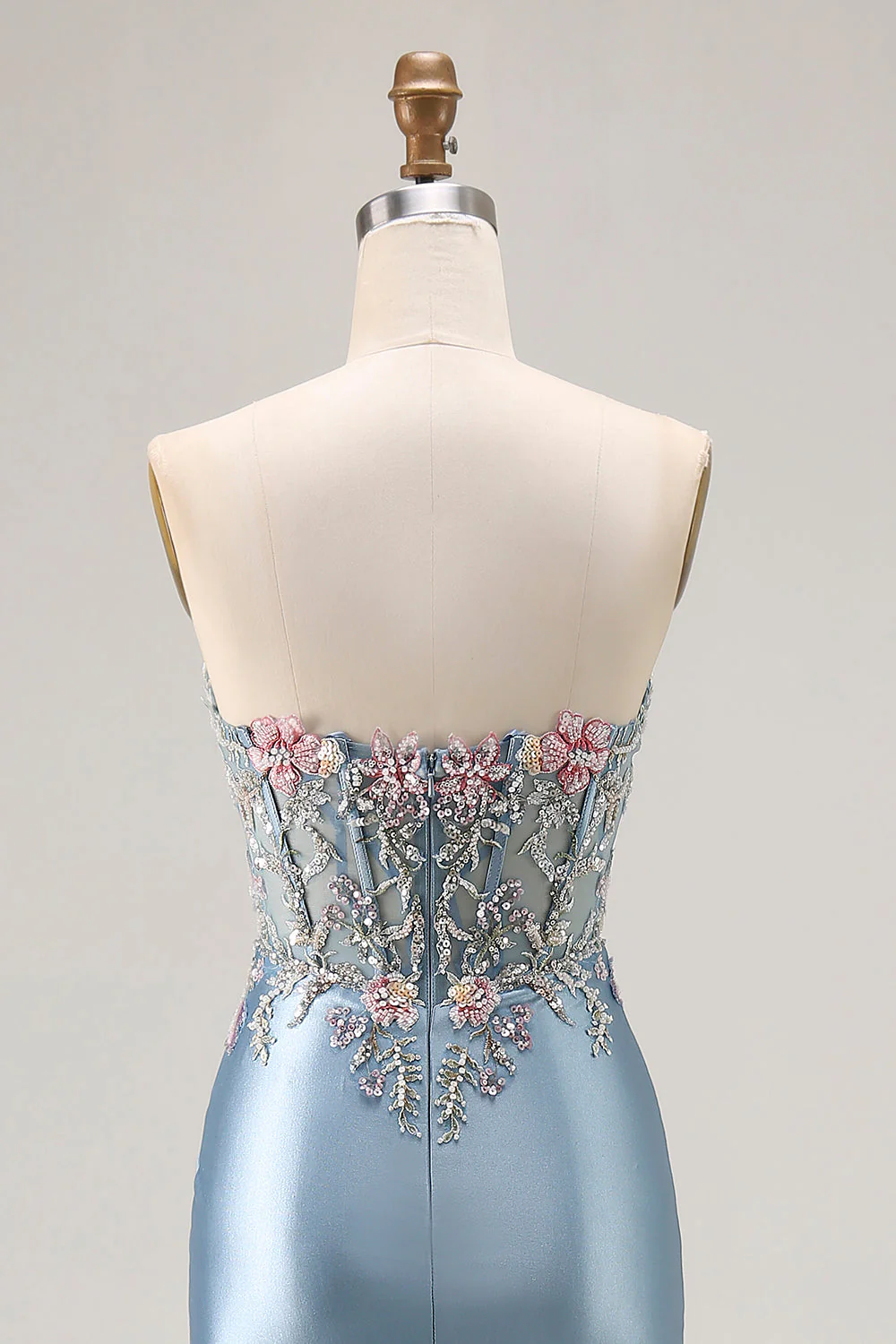 Grey Blue Mermaid Sweetheart Appliqued Corset Beaded Long Prom Dress With Slit - Image 7