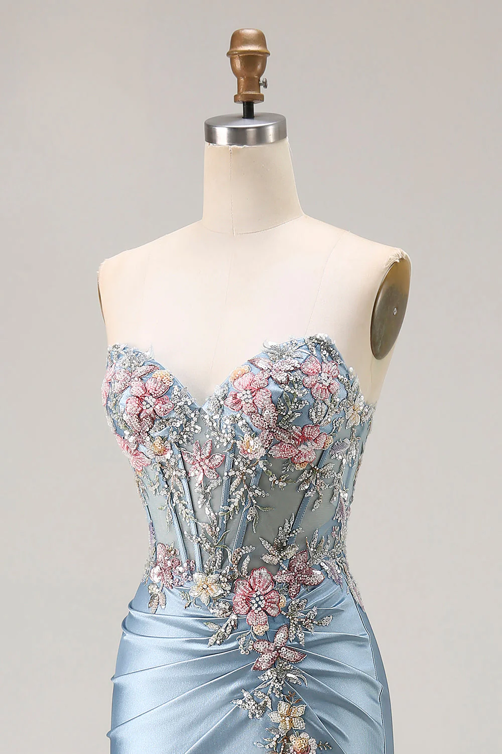 Grey Blue Mermaid Sweetheart Appliqued Corset Beaded Long Prom Dress With Slit - Image 8