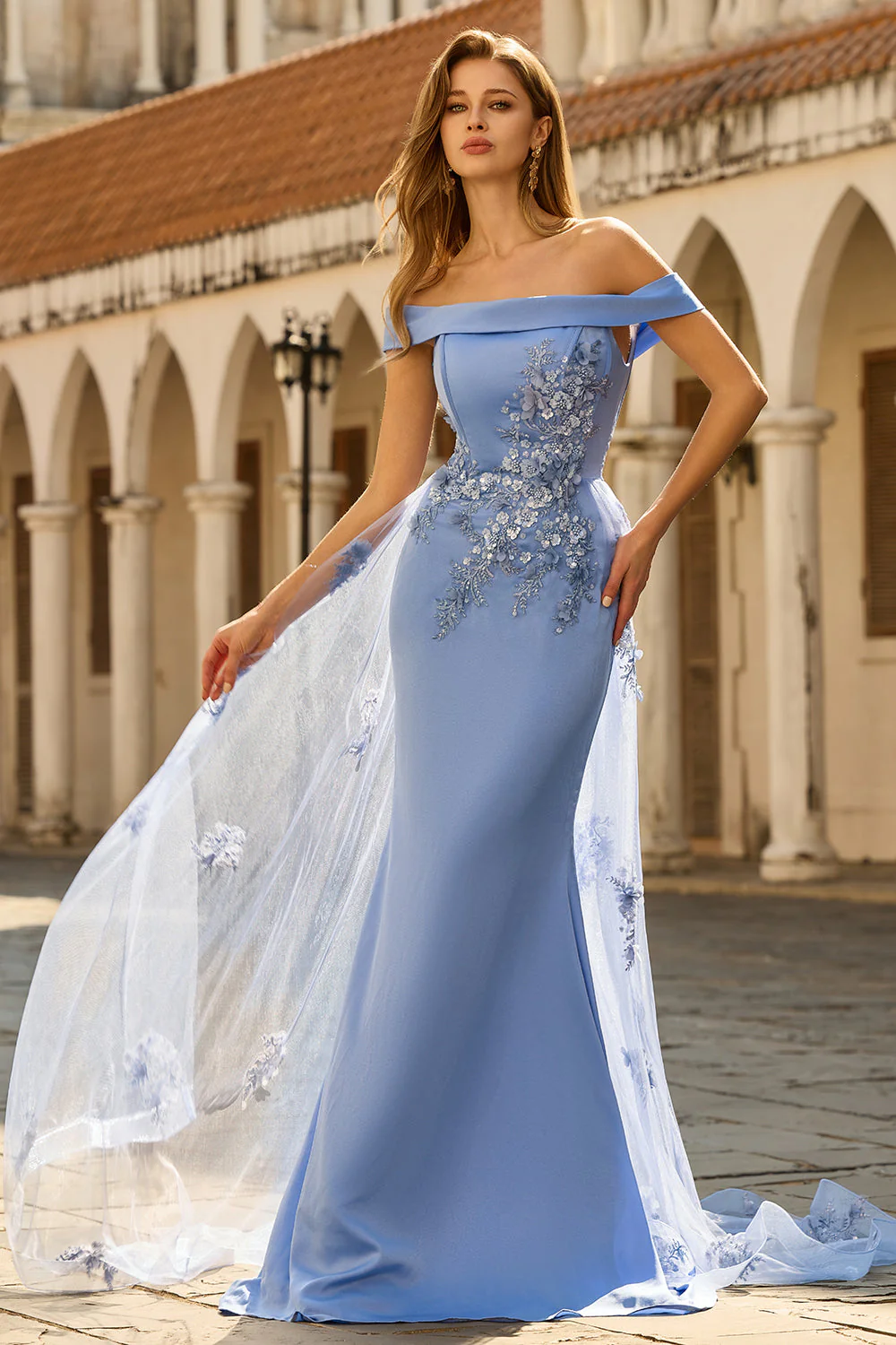Grey Blue Off the Shoulder Mermaid Appliqued Mother of the Bride Dress with Sequins - Image 3