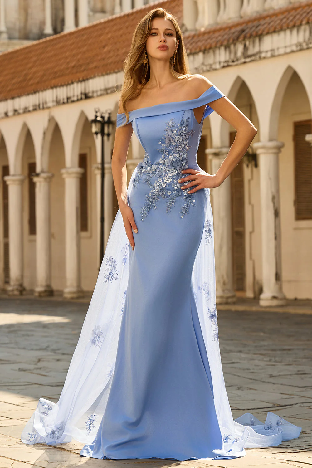 Grey Blue Off the Shoulder Mermaid Appliqued Mother of the Bride Dress with Sequins - Image 6