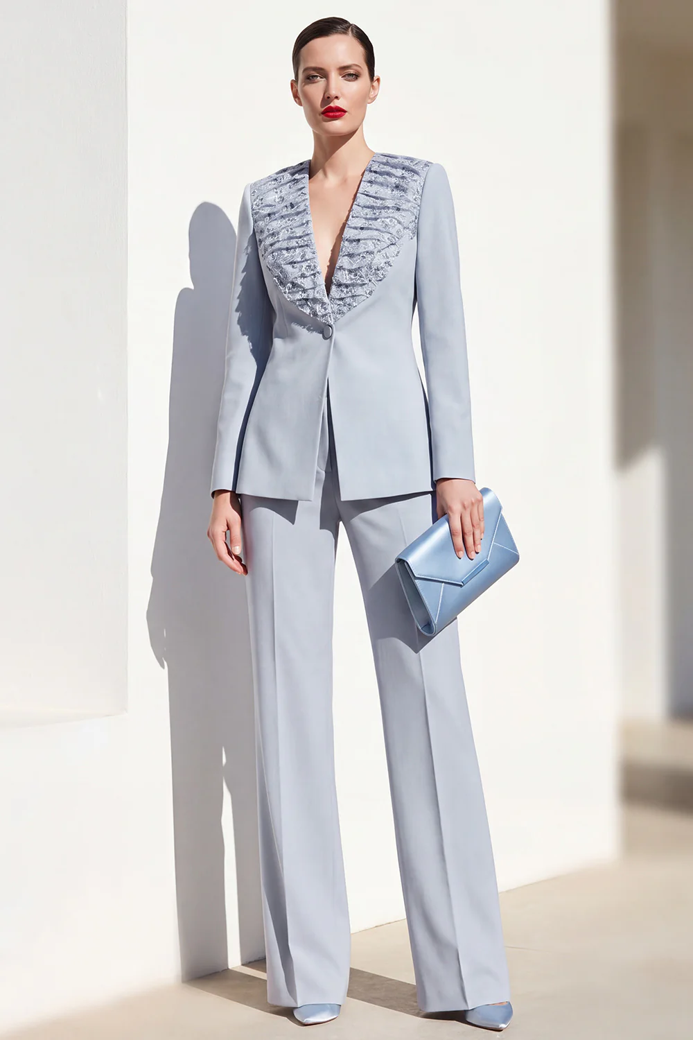 Grey Blue 2-Piece One Button Women Suits with Lace - Image 3