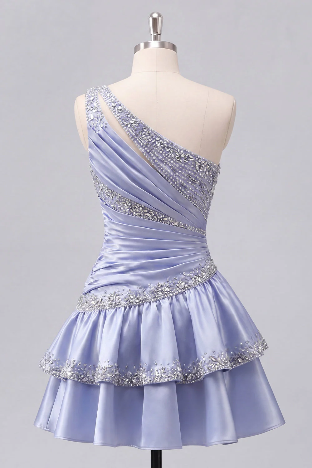 Grey Blue Satin A-Line One Shoulder Ruffled Cocktail Dress with Beading - Image 2