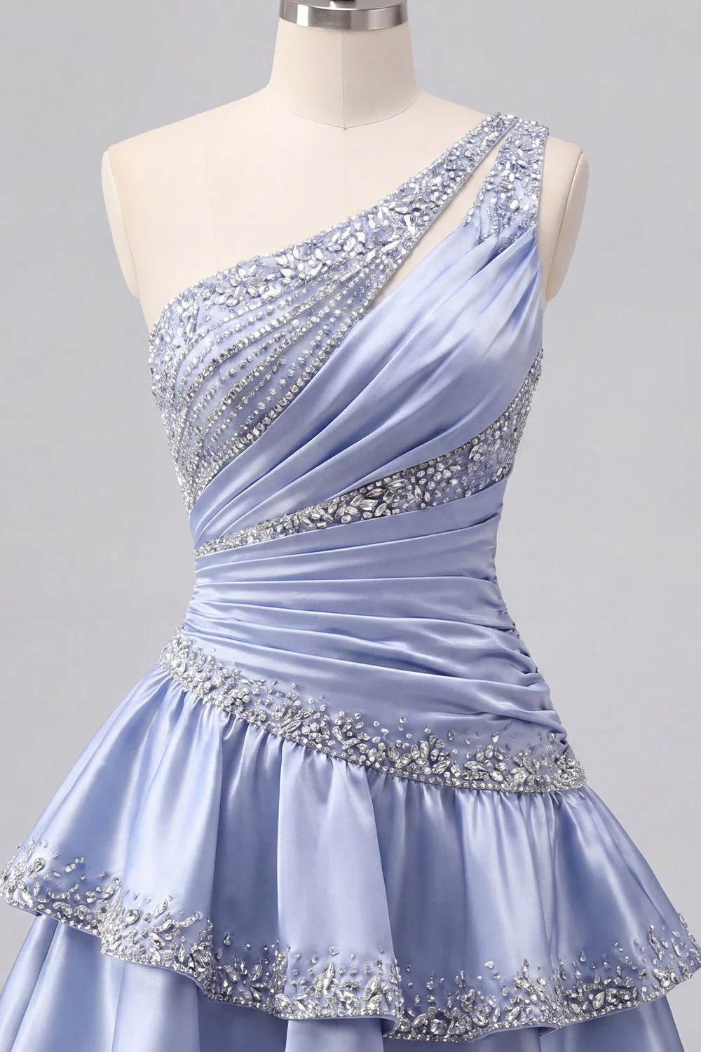 Grey Blue Satin A-Line One Shoulder Ruffled Cocktail Dress with Beading - Image 5