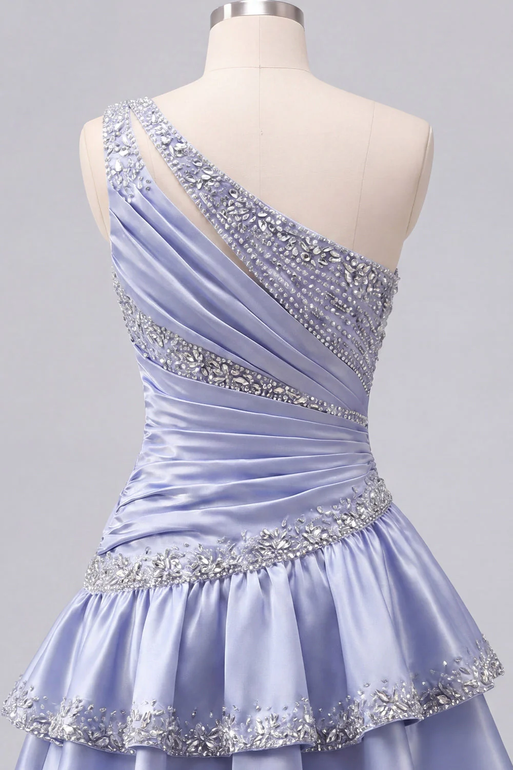Grey Blue Satin A-Line One Shoulder Ruffled Cocktail Dress with Beading - Image 6
