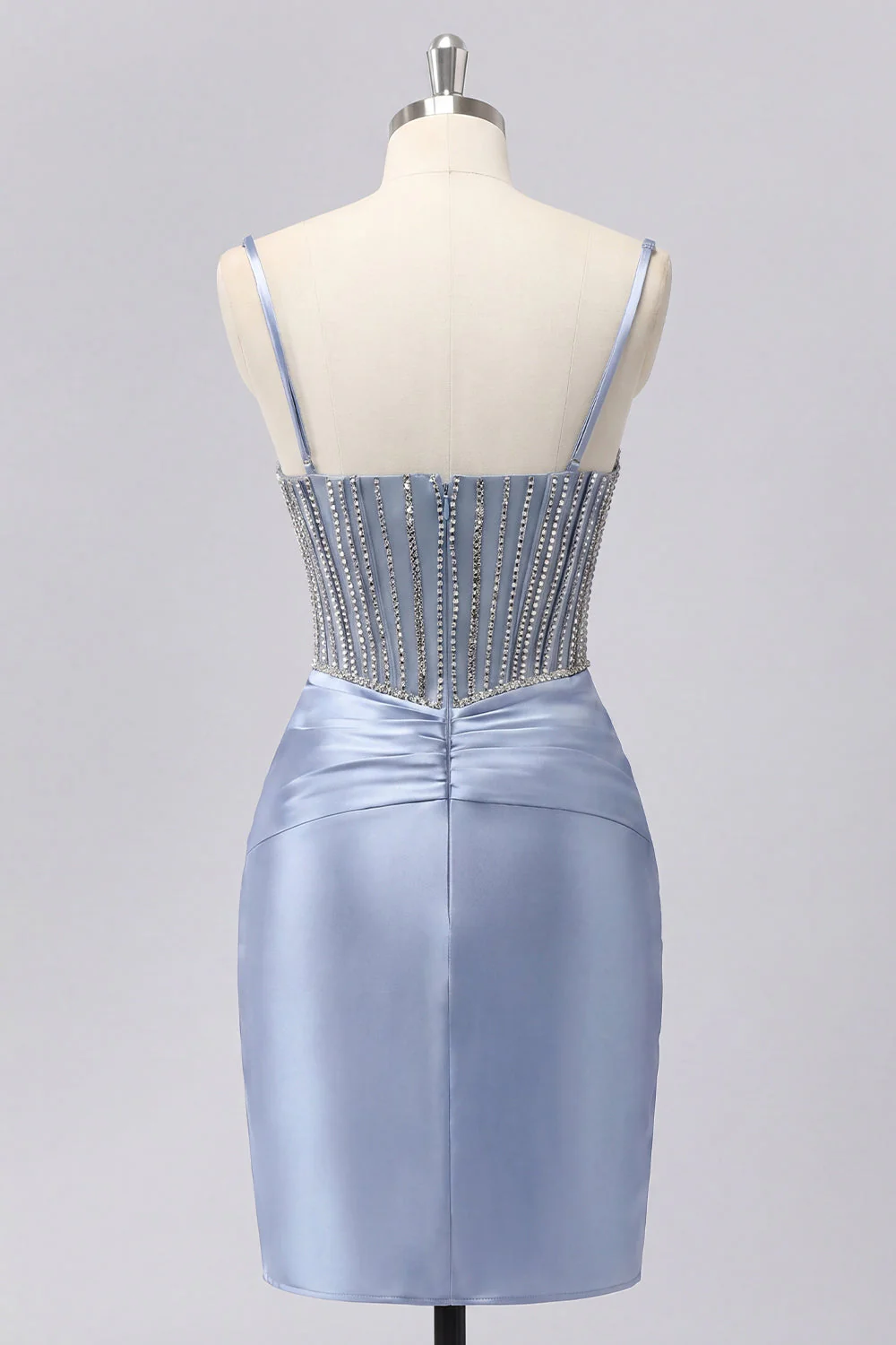 Grey Blue Bodycon Sheer Corset Cocktail Dress with Beading - Image 2