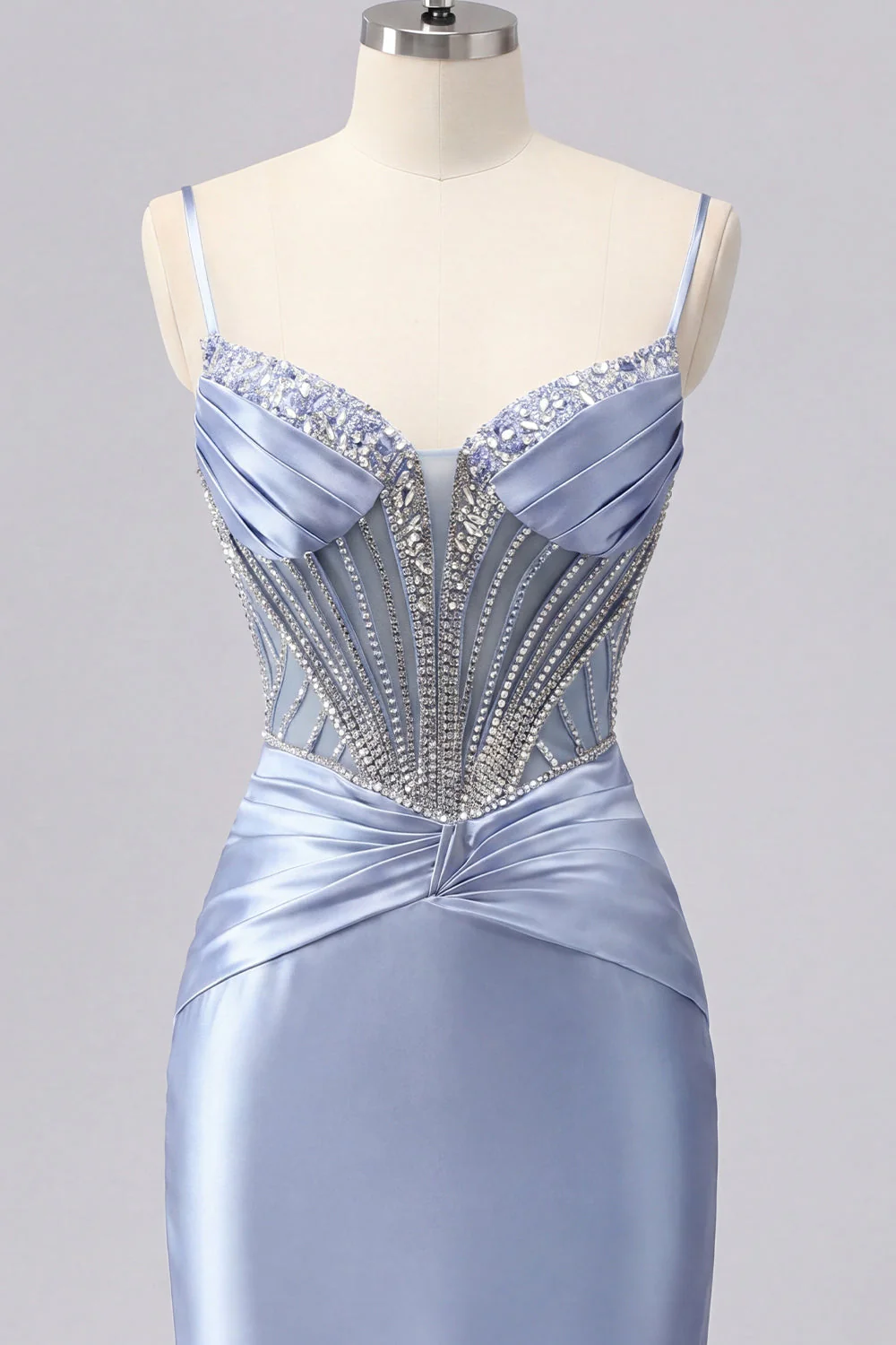 Grey Blue Bodycon Sheer Corset Cocktail Dress with Beading - Image 7