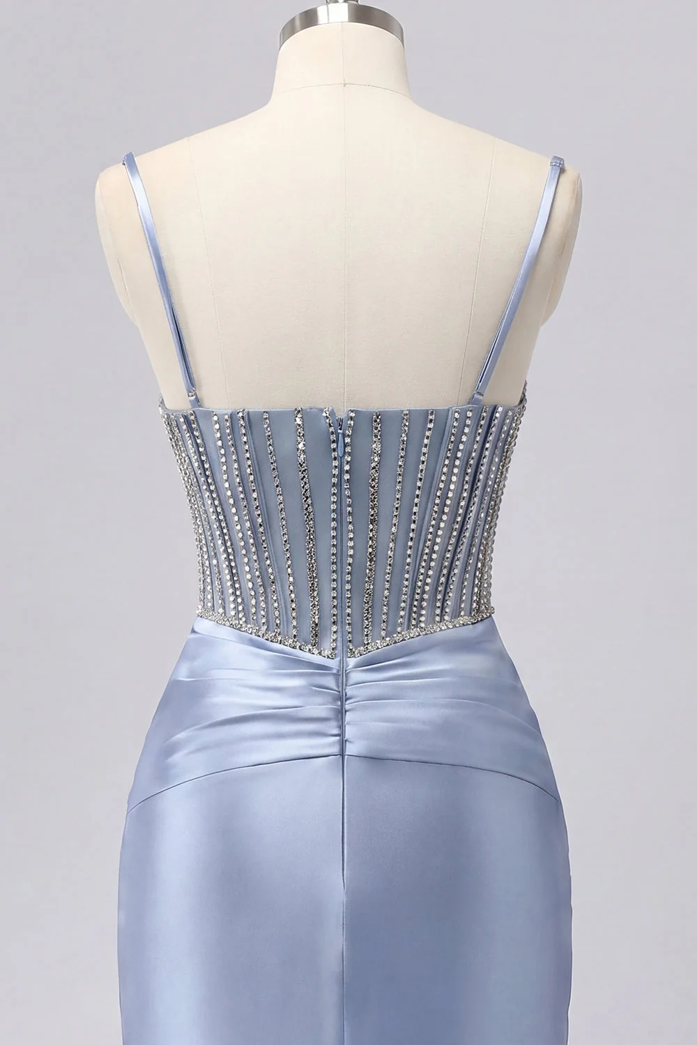 Grey Blue Bodycon Sheer Corset Cocktail Dress with Beading - Image 8