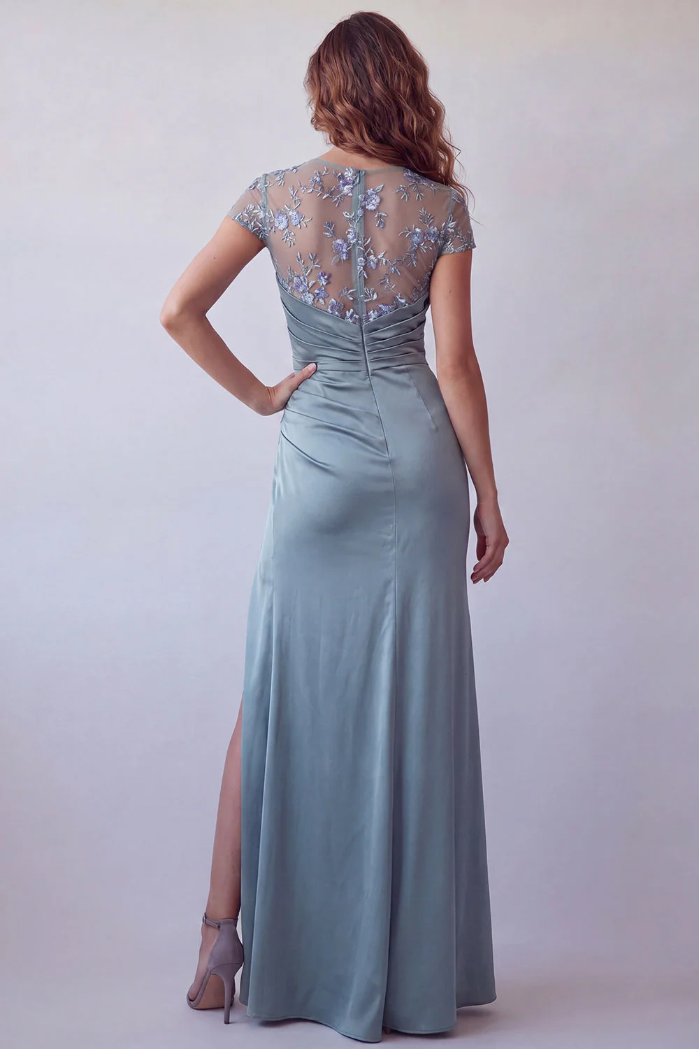 Grey Blue Sheer Sheath Short Sleeves Maxi Dress with Slit - Image 2