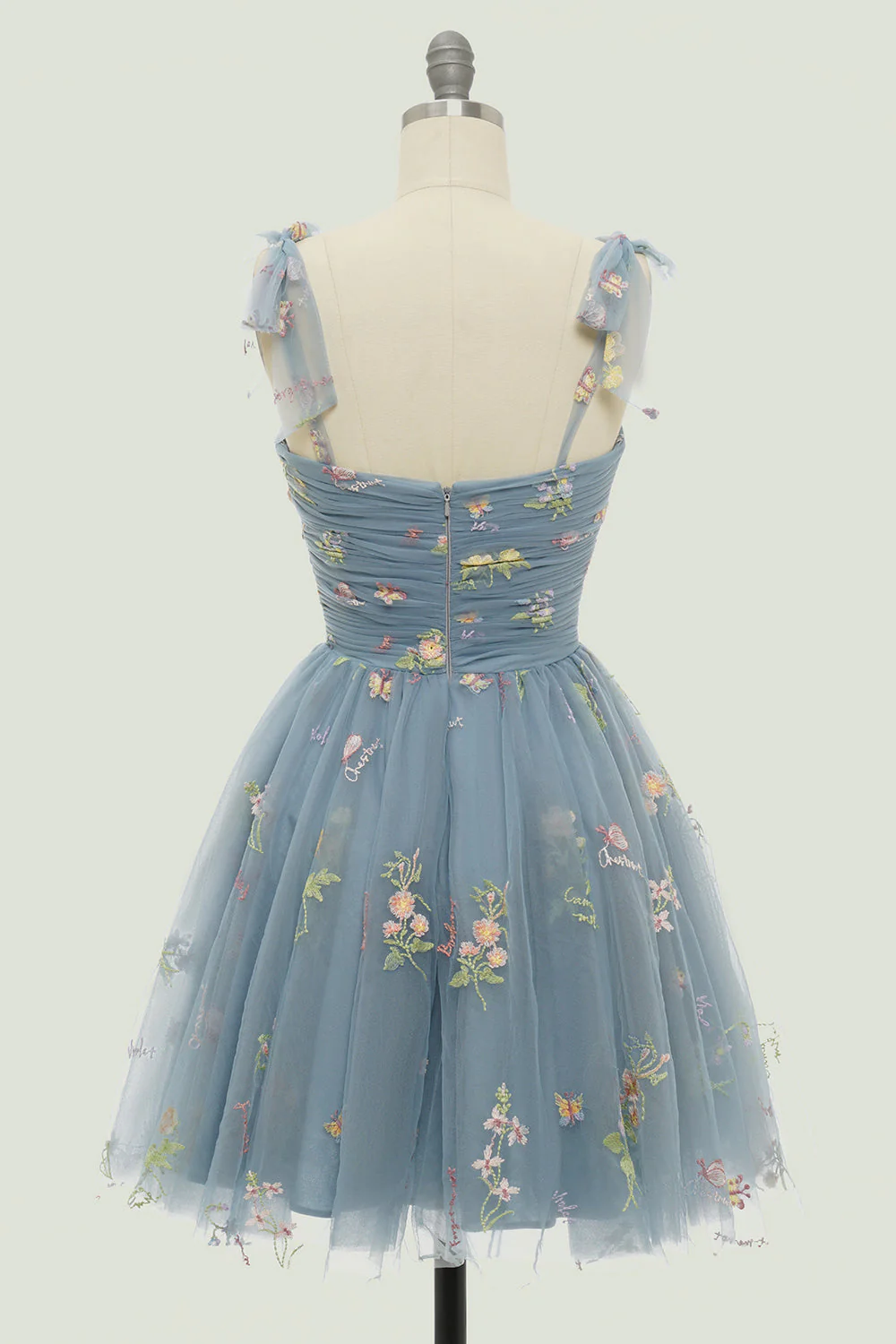 Grey Blue Short A-Line Graduation Dress With Embroidery - Image 3