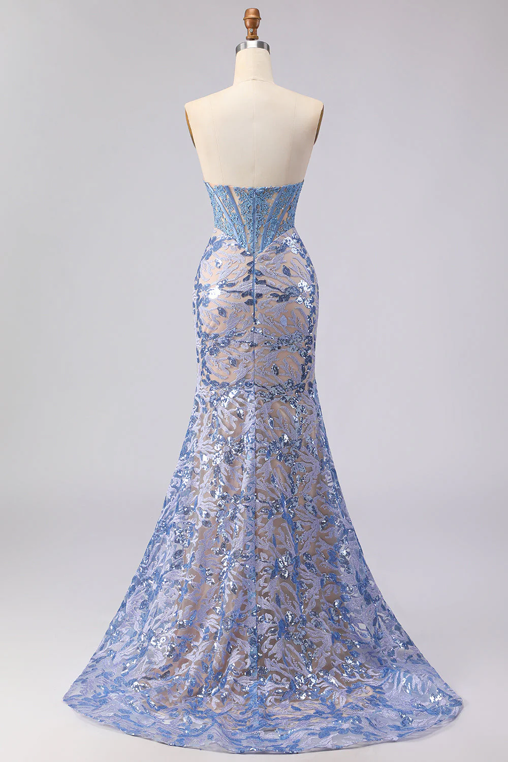 Grey Blue Strapless Mermaid Corset Long Prom Dress with Sequins - Image 2