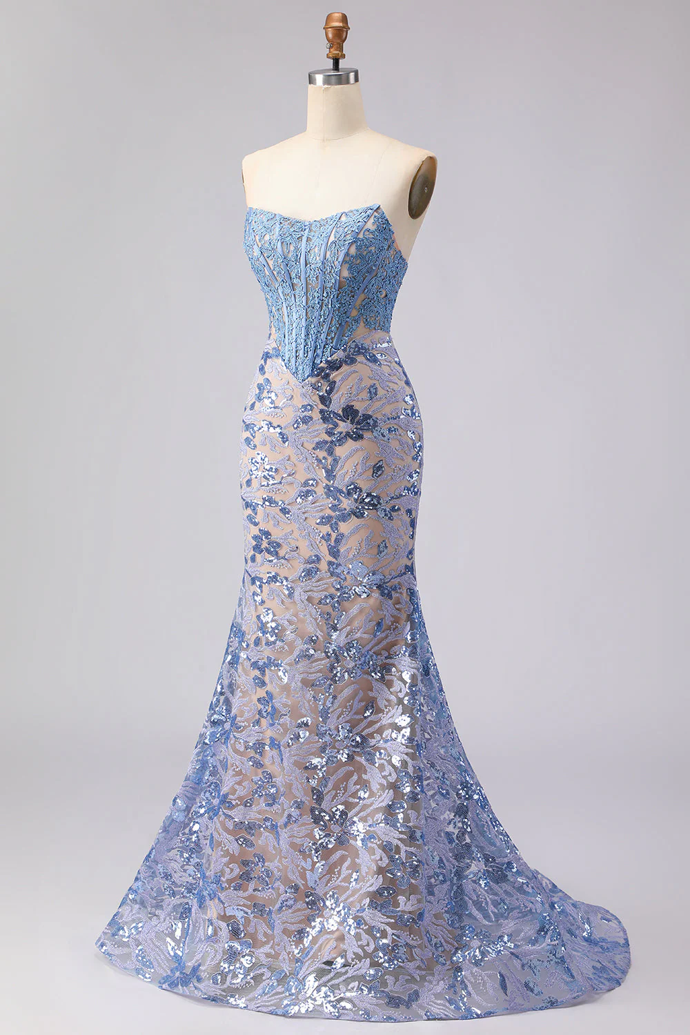 Grey Blue Strapless Mermaid Corset Long Prom Dress with Sequins - Image 3