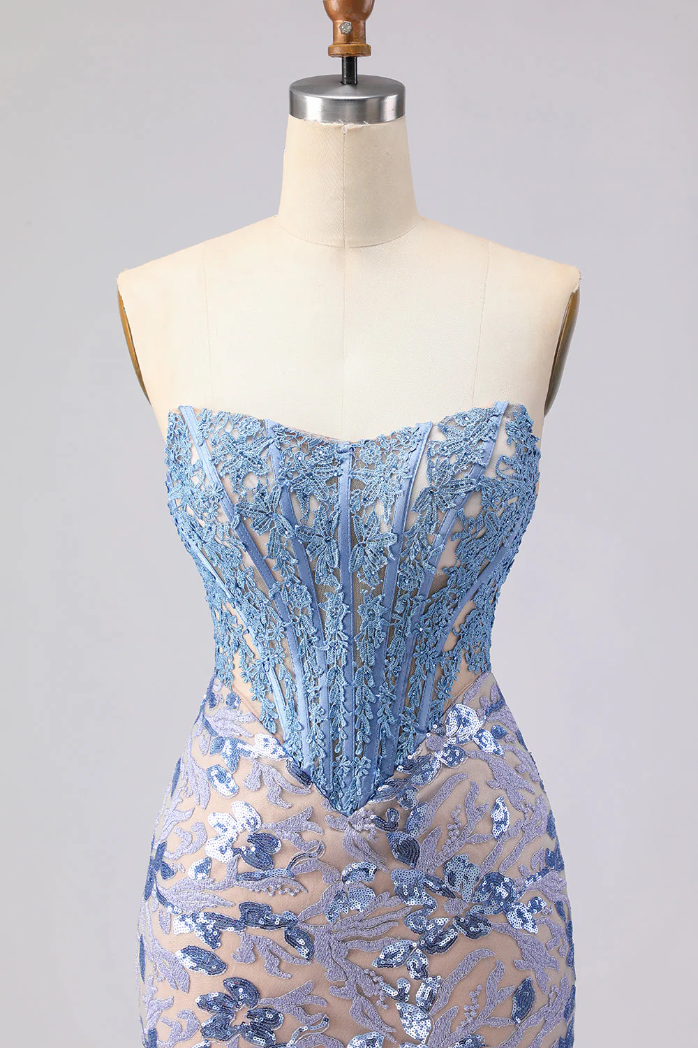 Grey Blue Strapless Mermaid Corset Long Prom Dress with Sequins - Image 4