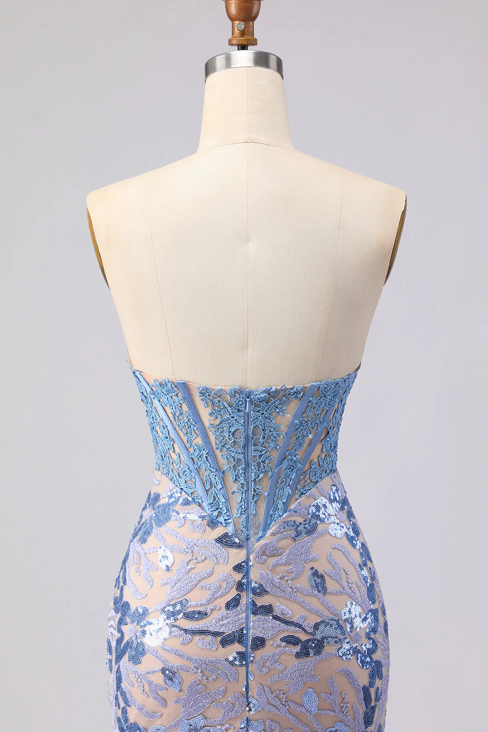 Grey Blue Strapless Mermaid Corset Long Prom Dress with Sequins - Image 5