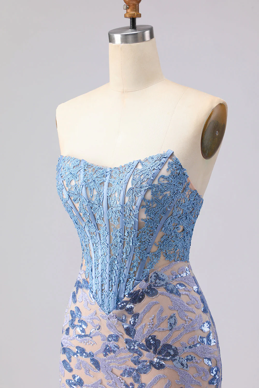 Grey Blue Strapless Mermaid Corset Long Prom Dress with Sequins - Image 6