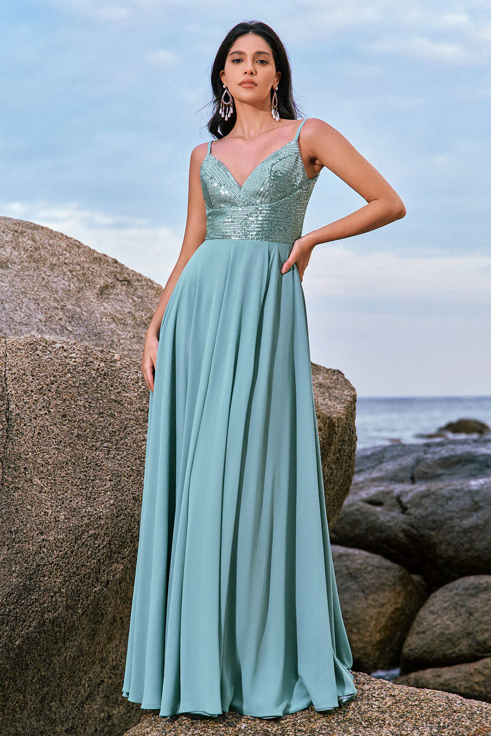 Grey Green A-Line Spaghetti Straps Chiffon Long Bridesmaid Dress with Slit - Image 3