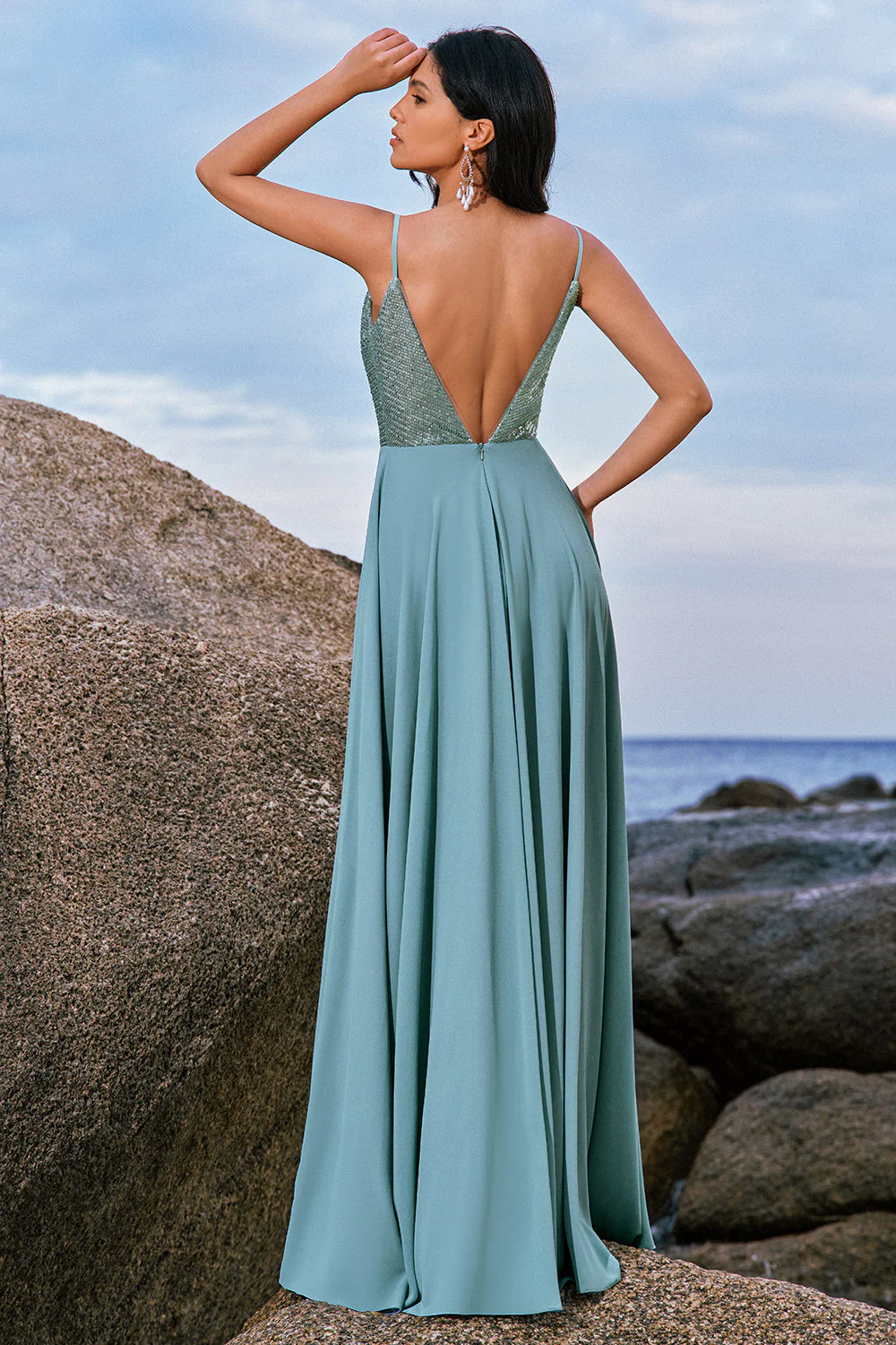 Grey Green A-Line Spaghetti Straps Chiffon Long Bridesmaid Dress with Slit - Image 4