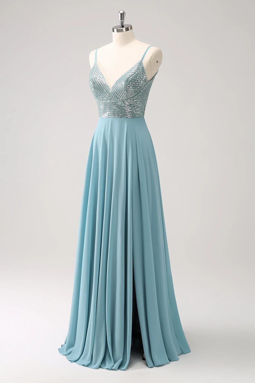 Grey Green A-Line Spaghetti Straps Chiffon Long Bridesmaid Dress with Slit - Image 5