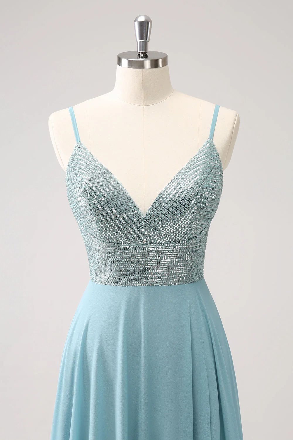 Grey Green A-Line Spaghetti Straps Chiffon Long Bridesmaid Dress with Slit - Image 6