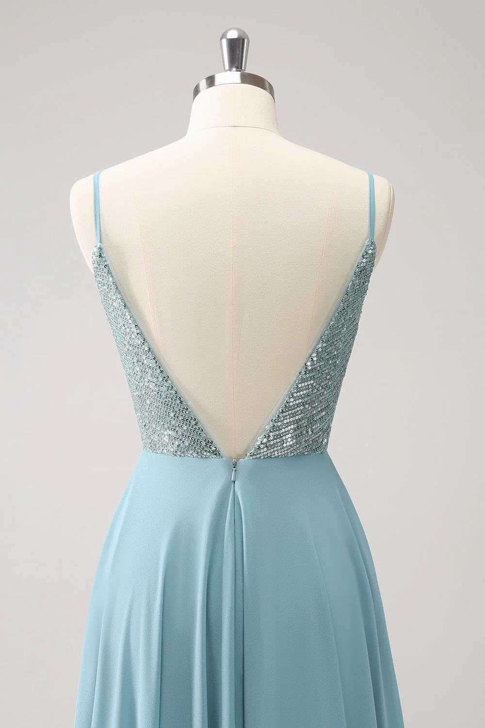 Grey Green A-Line Spaghetti Straps Chiffon Long Bridesmaid Dress with Slit - Image 7