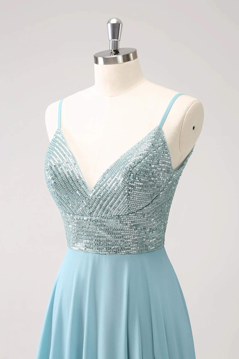 Grey Green A-Line Spaghetti Straps Chiffon Long Bridesmaid Dress with Slit - Image 8