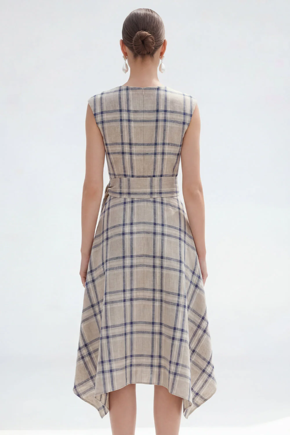 Grey Grid A Line Bateau Neck Asymmetrical Work Dress - Image 2