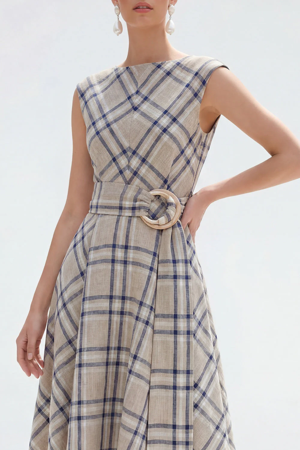 Grey Grid A Line Bateau Neck Asymmetrical Work Dress - Image 3