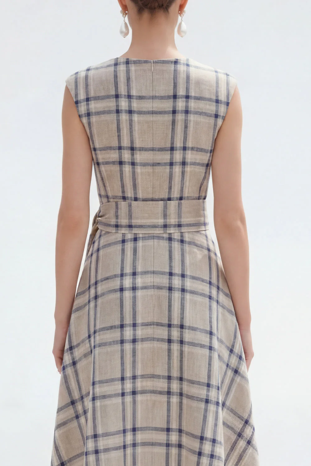 Grey Grid A Line Bateau Neck Asymmetrical Work Dress - Image 4