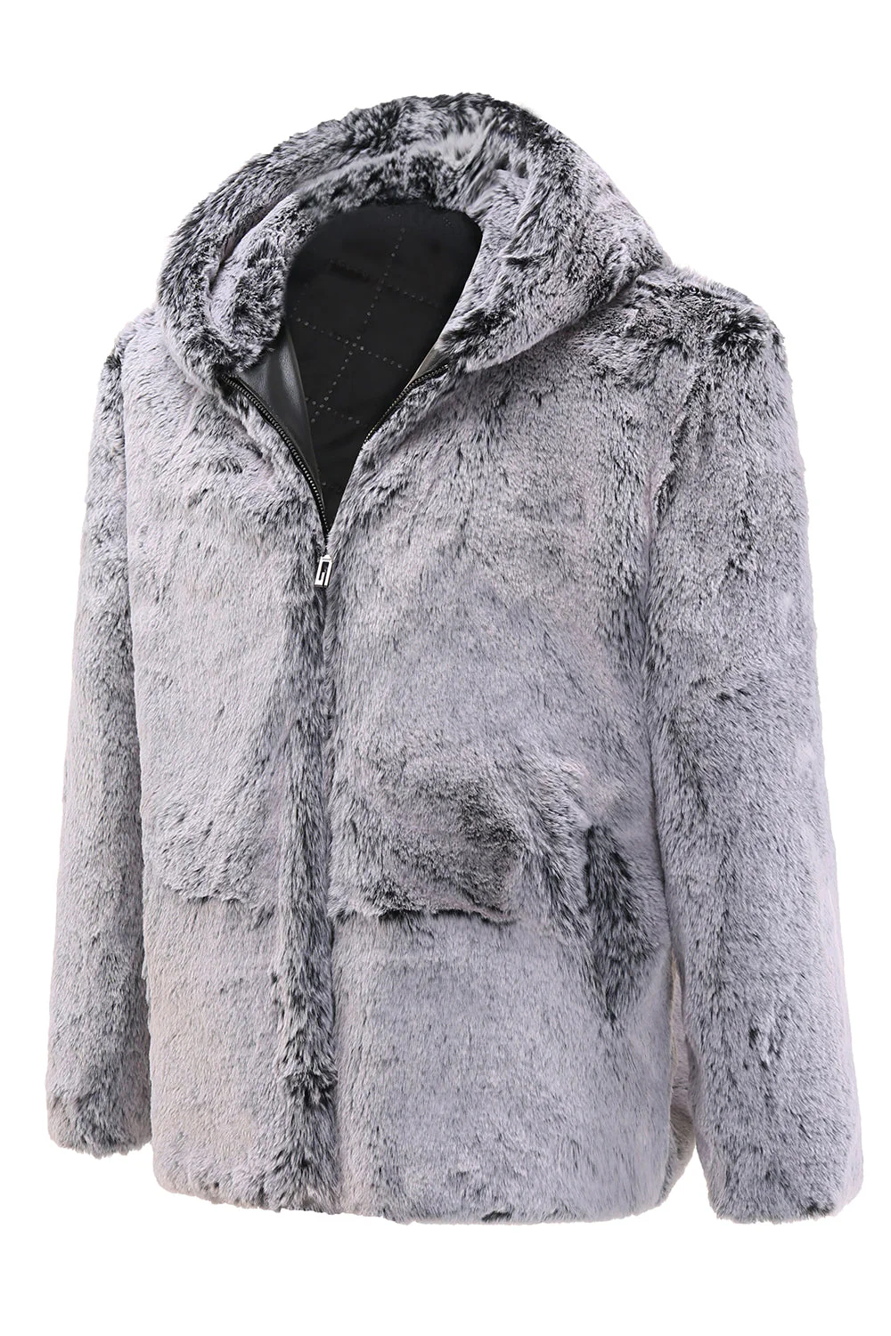 Grey Hooded Midi Men's Shearling Coat - Image 3