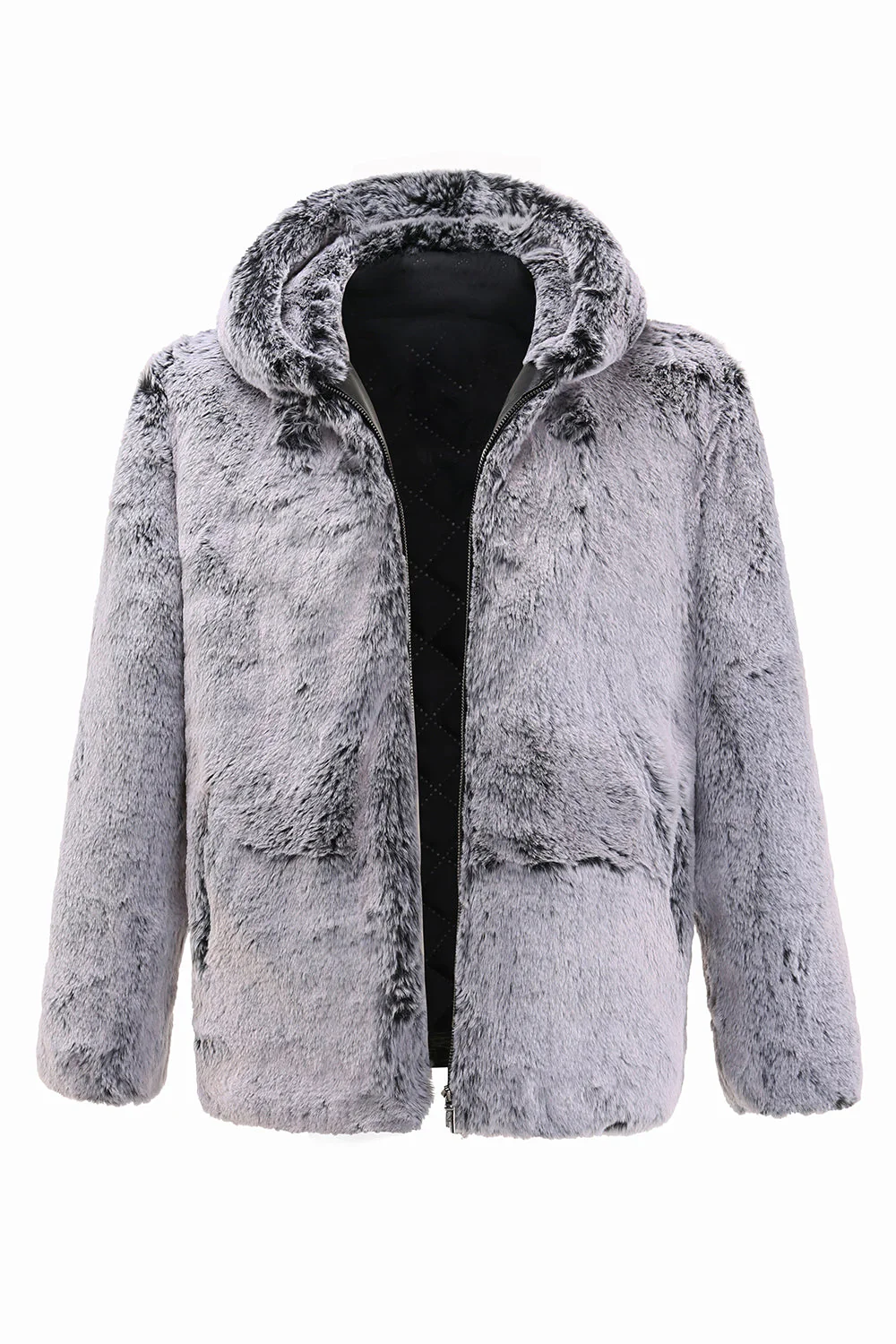 Grey Hooded Midi Men's Shearling Coat - Image 4