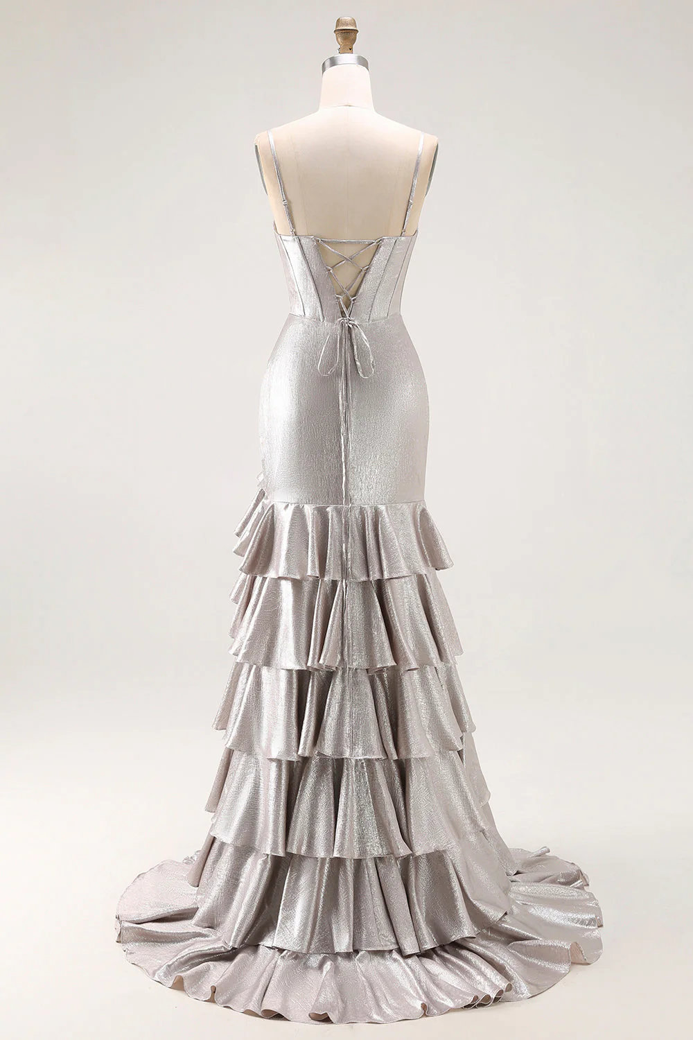 Grey Mermaid Beaded Corset Tiered Pleated Long Prom Dress with Slit - Image 2