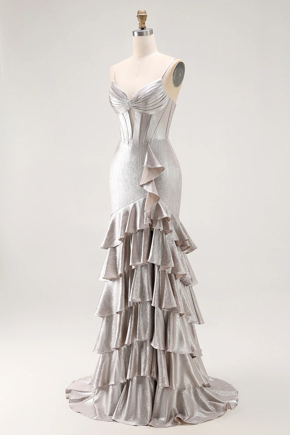 Grey Mermaid Beaded Corset Tiered Pleated Long Prom Dress with Slit - Image 3