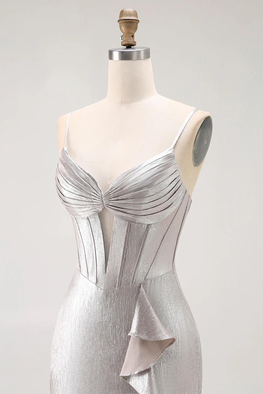 Grey Mermaid Beaded Corset Tiered Pleated Long Prom Dress with Slit - Image 5