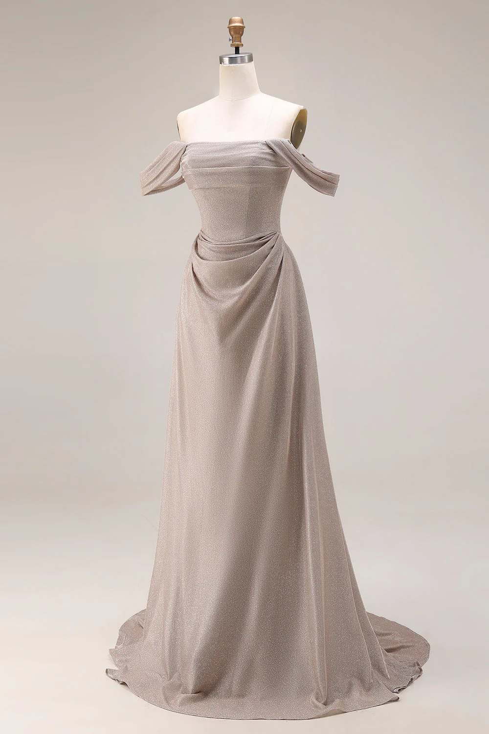 Grey Off The Shoulder Ruched Long Prom Dress with Lace Up Back - Image 3