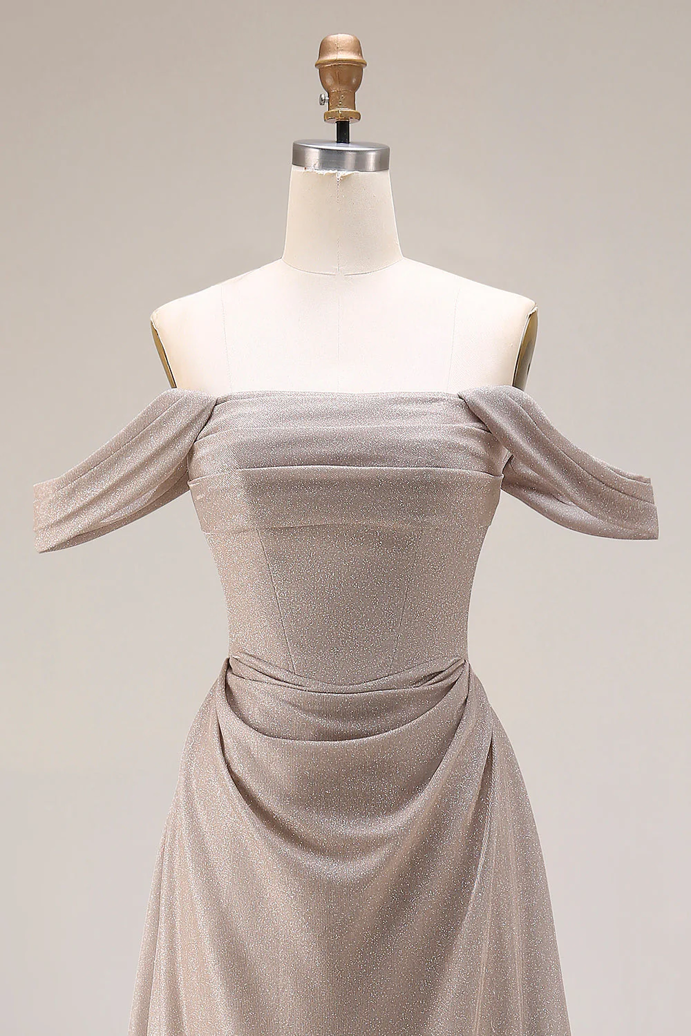 Grey Off The Shoulder Ruched Long Prom Dress with Lace Up Back - Image 4