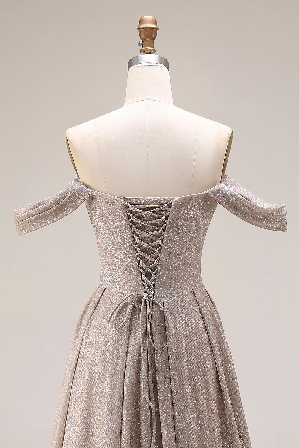 Grey Off The Shoulder Ruched Long Prom Dress with Lace Up Back - Image 5