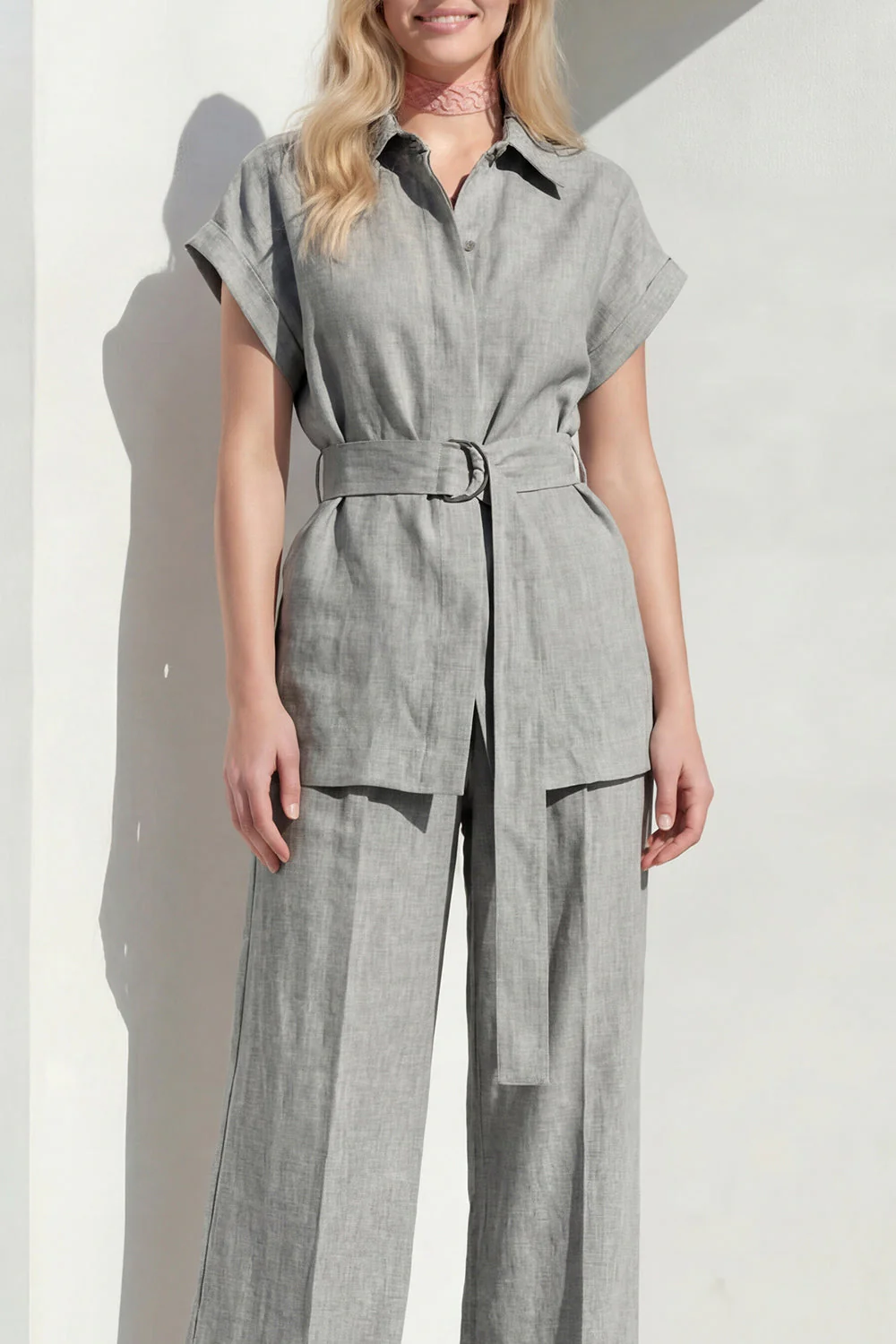 Grey 2 Piece Lapel Women's Suits with Belt - Image 3