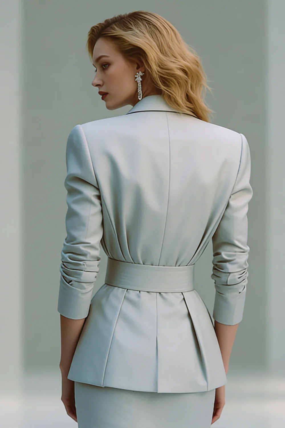 Grey Pencil Peak Lapel 2 Piece Midi Business Suits with Belt - Image 4