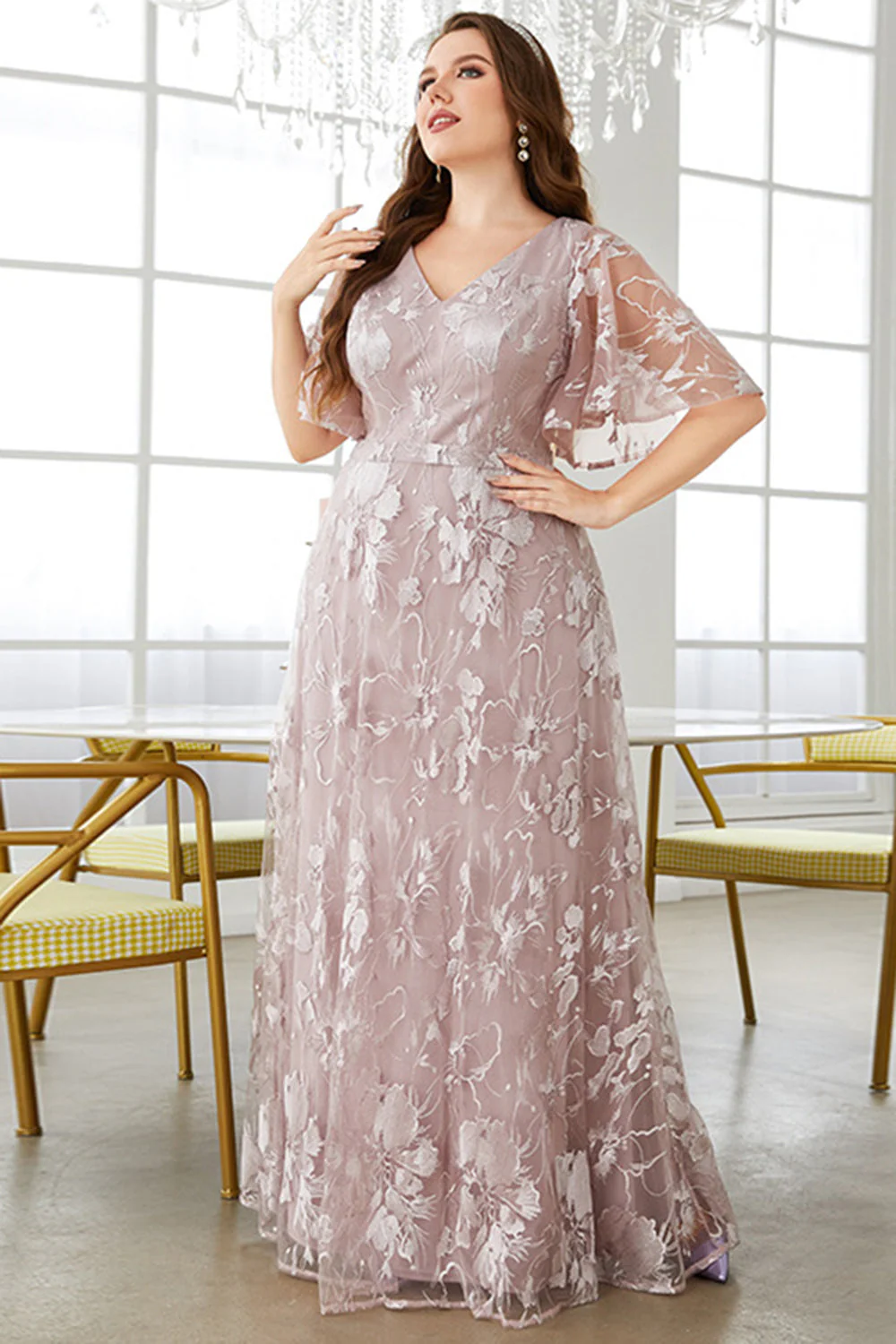 Grey Pink A-Line V-Neck Embroidered Plus Size Prom Dress - Image 3