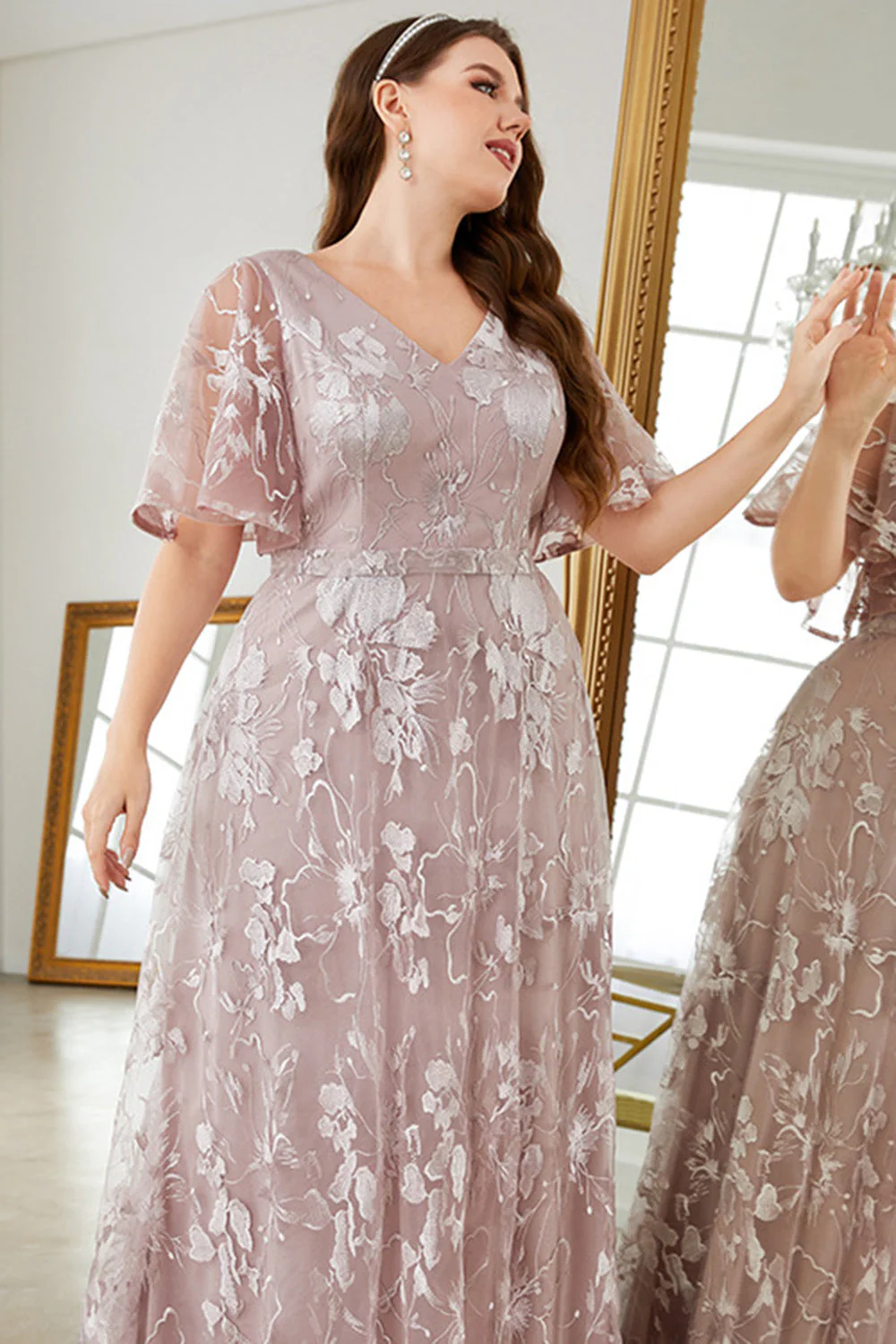 Grey Pink A-Line V-Neck Embroidered Plus Size Prom Dress - Image 5