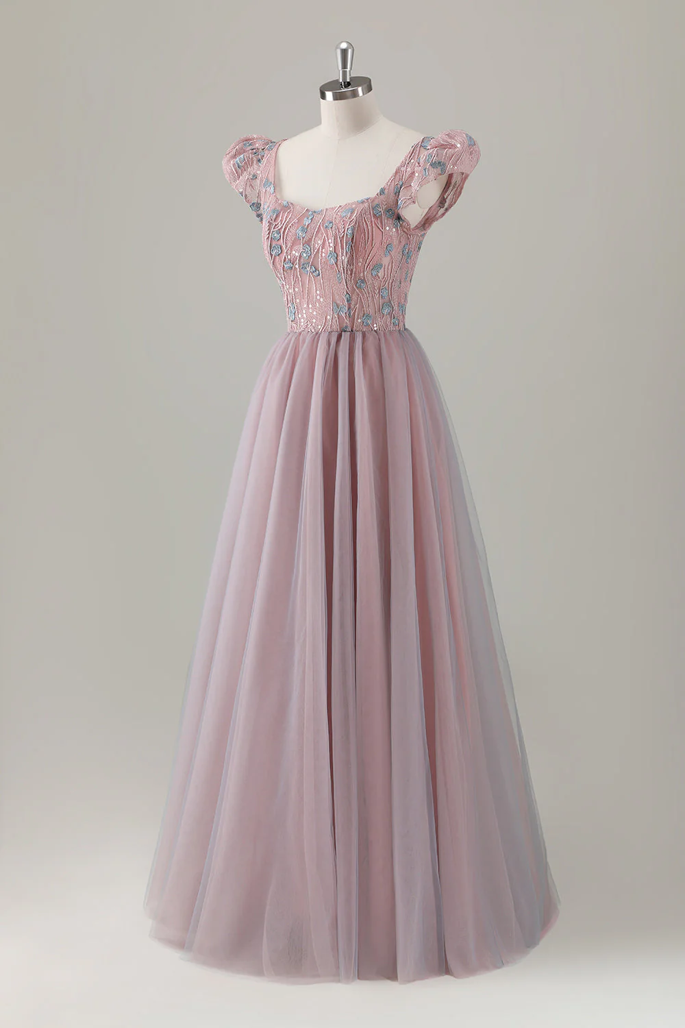 Grey Pink Floral A-Line Long Prom Dress with Short Sleeves - Image 3