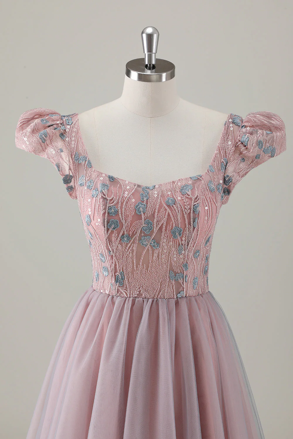 Grey Pink Floral A-Line Long Prom Dress with Short Sleeves - Image 4