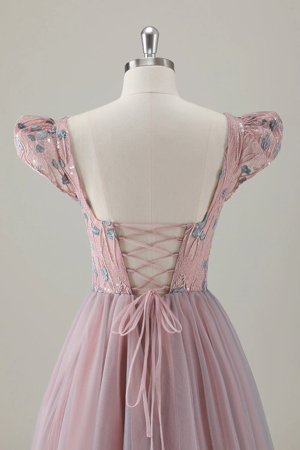 Grey Pink Floral A-Line Long Prom Dress with Short Sleeves - Image 5
