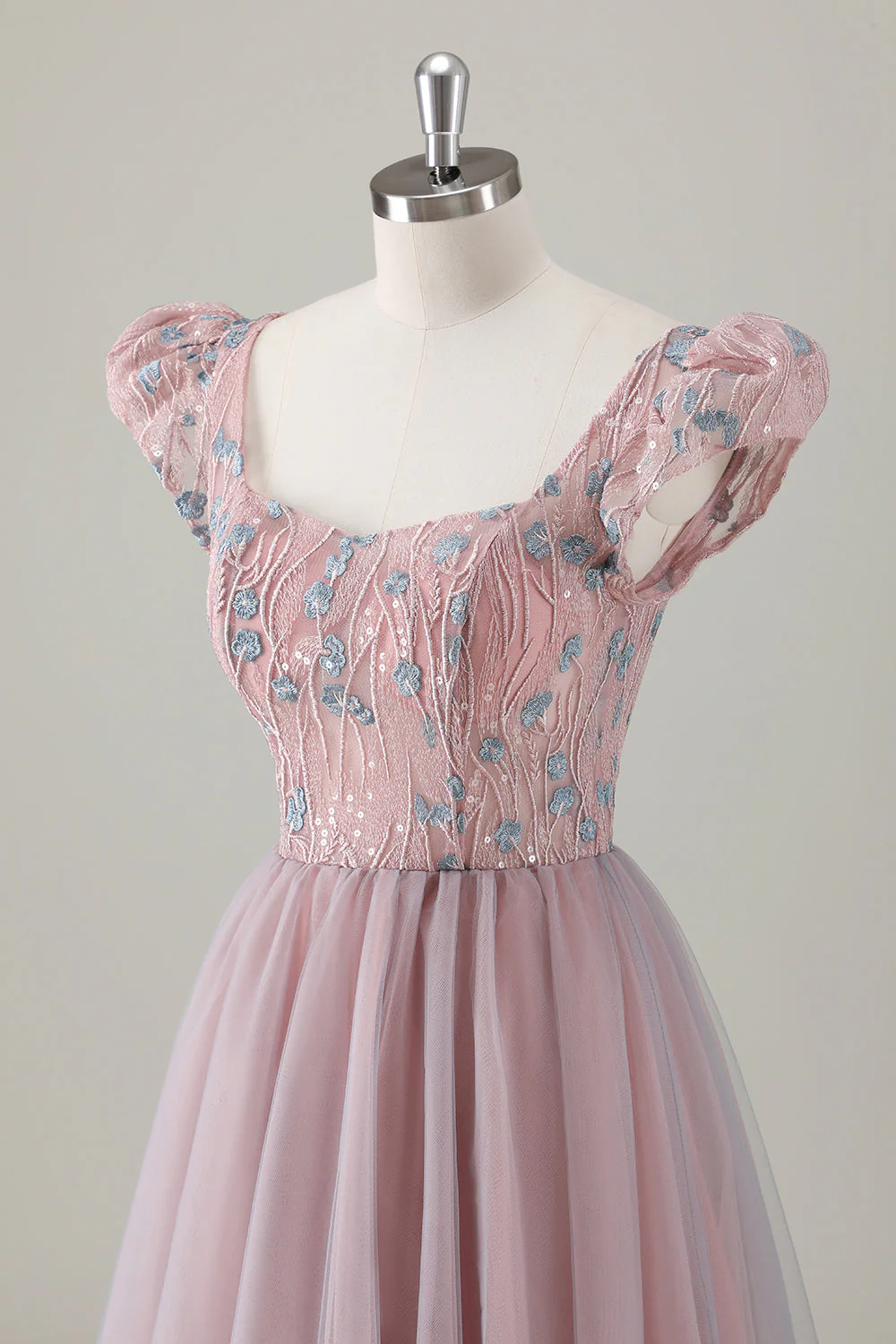 Grey Pink Floral A-Line Long Prom Dress with Short Sleeves - Image 6