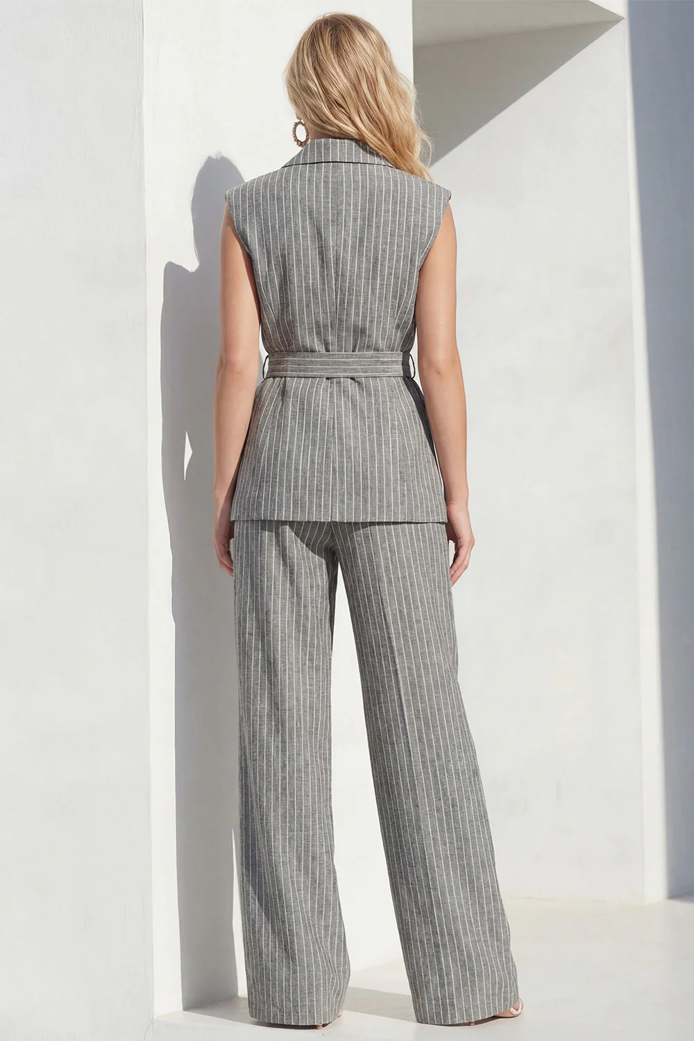 Grey Vertical Stripes Peak Lapel 2 Piece Women Suits - Image 2