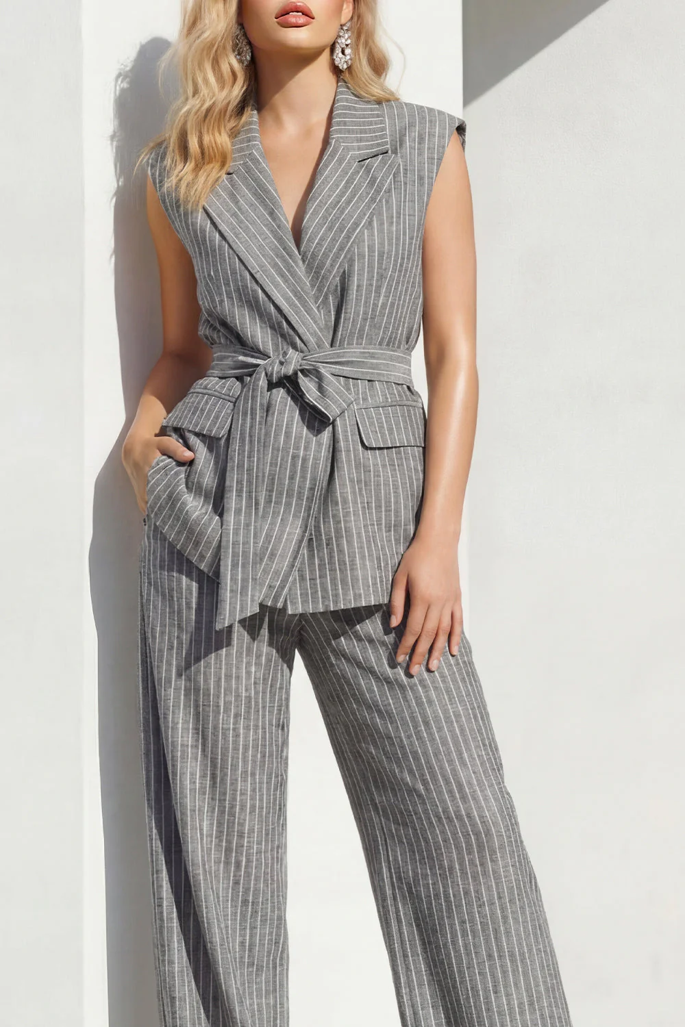 Grey Vertical Stripes Peak Lapel 2 Piece Women Suits - Image 3