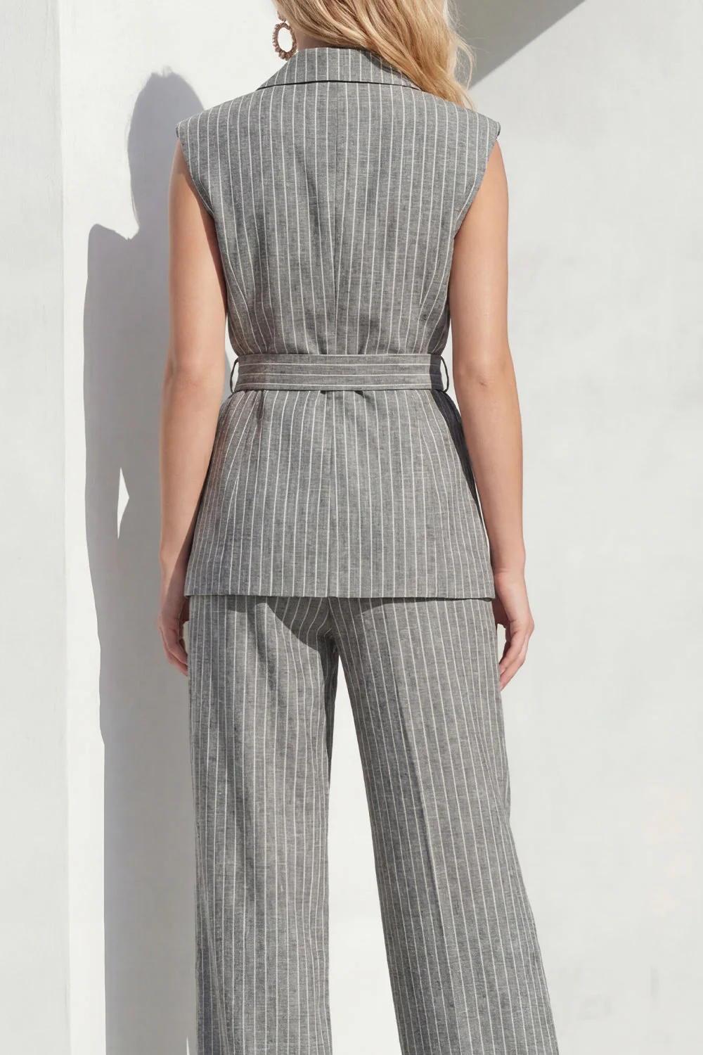 Grey Vertical Stripes Peak Lapel 2 Piece Women Suits - Image 4
